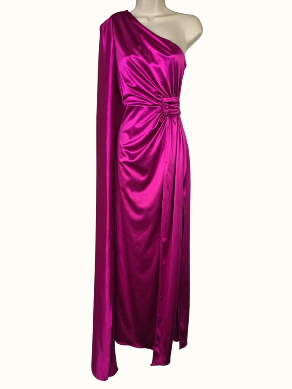 City Studio Hot Pink Ruched One Shoulder Bodycon Maxi Dress Jr 3/4 High Slit NWT